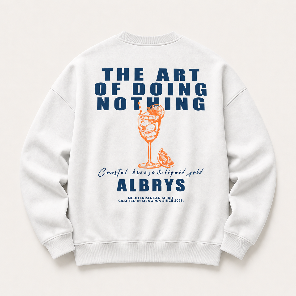 Sudadera crewneck WHITE APEROL de Albrys Brand en color blanco con diseño de aperitivo mediterráneo, imagen 1.
