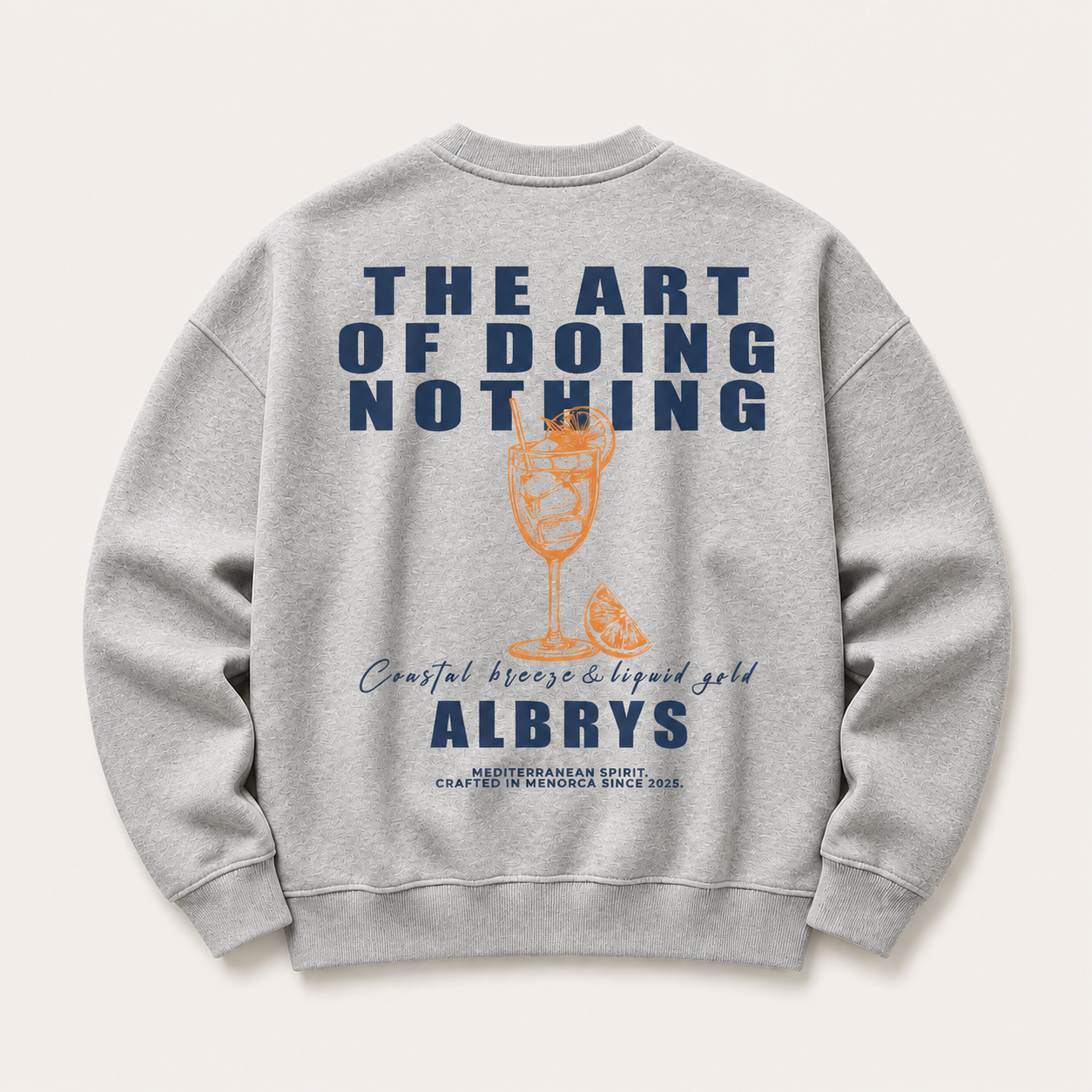 Sudadera crewneck GREY APEROL de Albrys Brand en color gris con diseño de aperitivo mediterráneo, imagen 1.