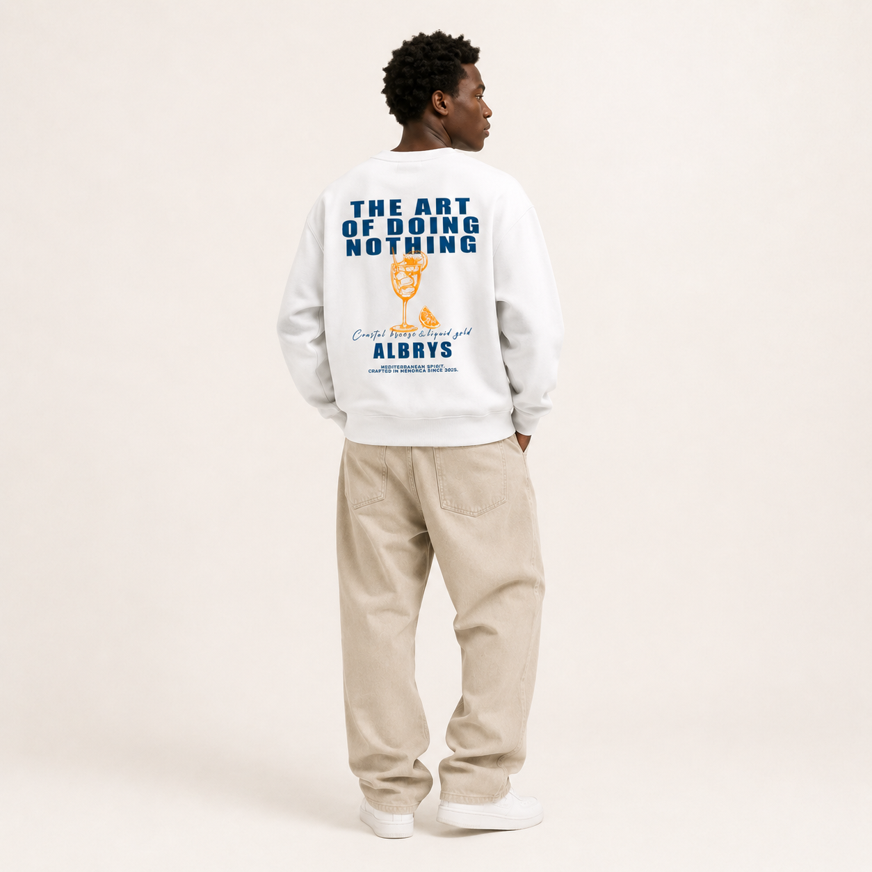 Sudadera crewneck WHITE APEROL de Albrys Brand en color blanco con diseño de aperitivo mediterráneo, imagen 2.