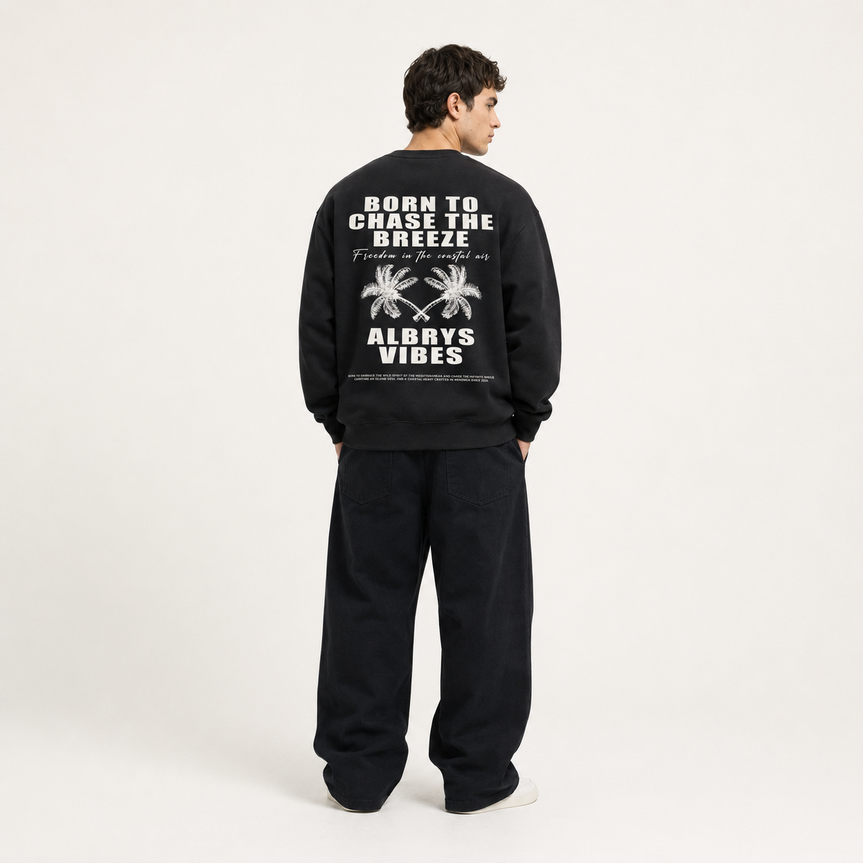 Sudadera crewneck BLACK PALM TREES de Albrys Brand en color negro con diseño Palm Trees con palmeras, imagen 2.