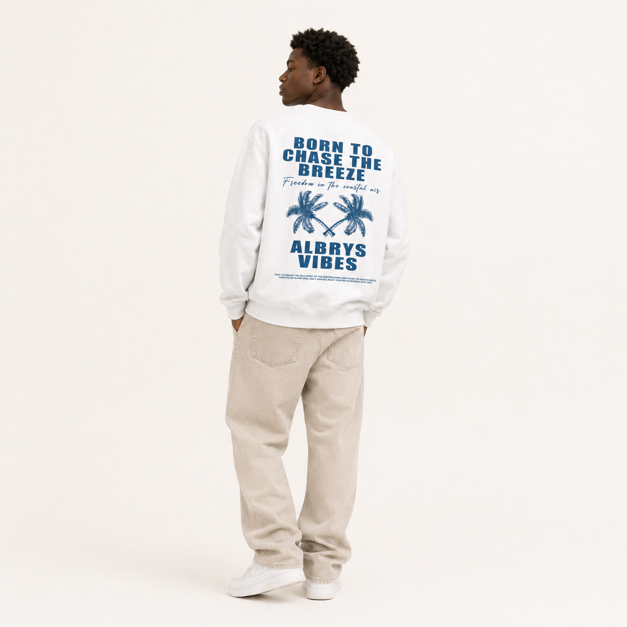 Sudadera crewneck WHITE PALM TREES de Albrys Brand en color blanco con diseño Palm Trees con palmeras, imagen 2.
