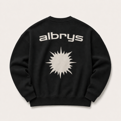 Sudadera crewneck BLACK Mediterranean Sun de Albrys Brand en color negro con diseño trasero de sol mediterráneo.